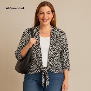 Chico’s Women's L/12-14 Cardigan Black & White Animal Print Open Tie-Front